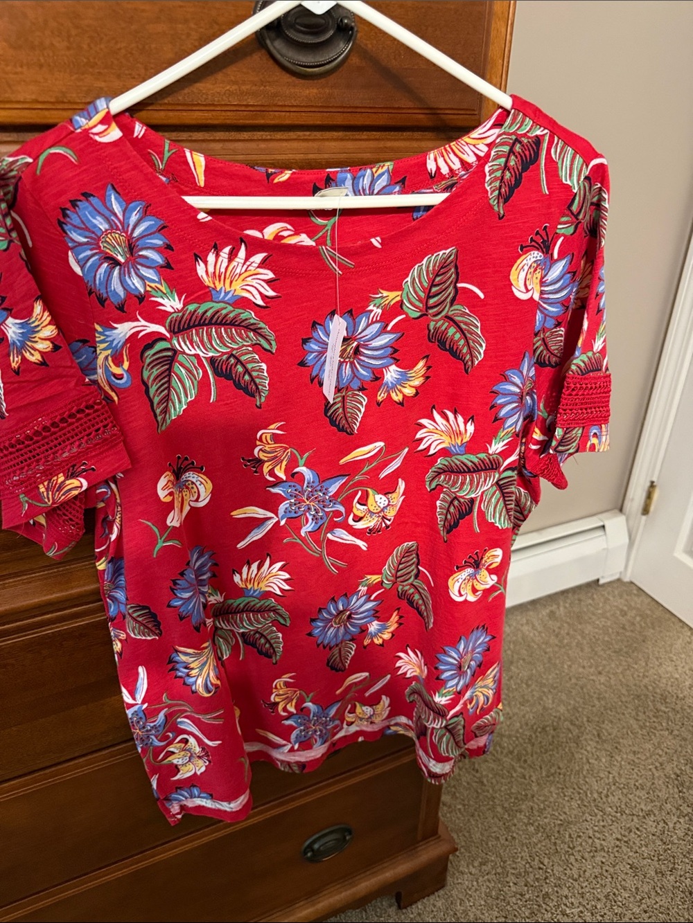 Christopher & Banks Red Floral Short-Sleeve Tee with Blue Blooms